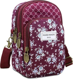 Floral Pattern Canvas Cute Crossbody Cell Phone Purse Zipper Wallet Small Shoulder Bags Handbag for Women, Purple Red, One Size