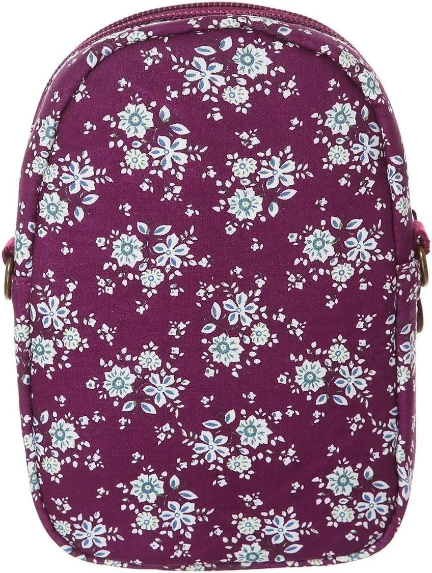 Floral Pattern Canvas Cute Crossbody Cell Phone Purse Zipper Wallet Small Shoulder Bags Handbag for Women, Purple Red, One Size