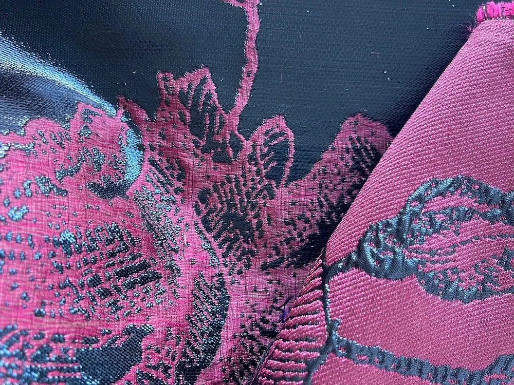 Floral Rose & Teal Blue Lame Polyester Brocade Jacquard (Made in Italy)