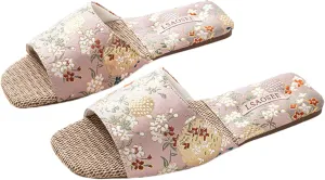 Floral Silk Embroidered Slippers Women Retro Brocade Upper Fuzzy Linen insole Soft TPR Anti-Slip Soles Indoor Slippers