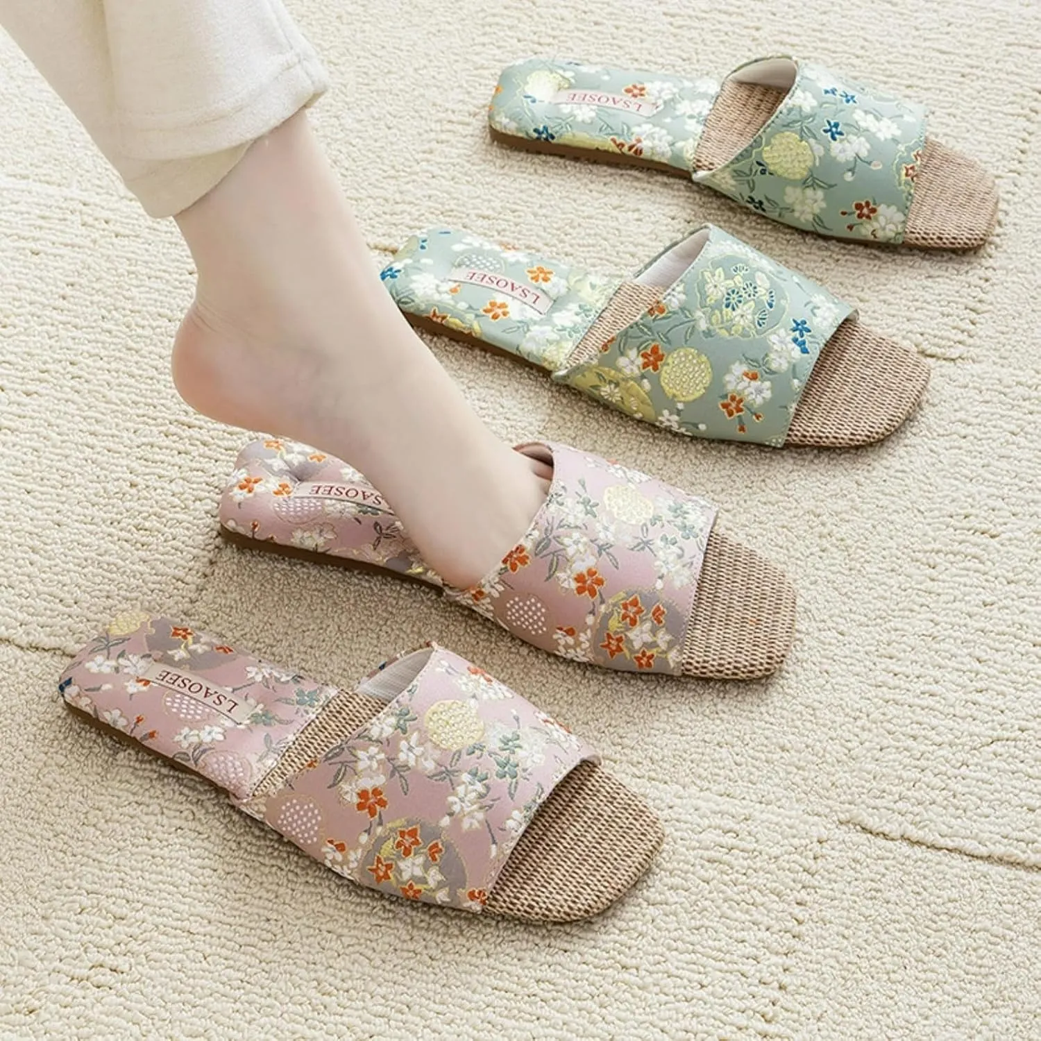 Floral Silk Embroidered Slippers Women Retro Brocade Upper Fuzzy Linen insole Soft TPR Anti-Slip Soles Indoor Slippers