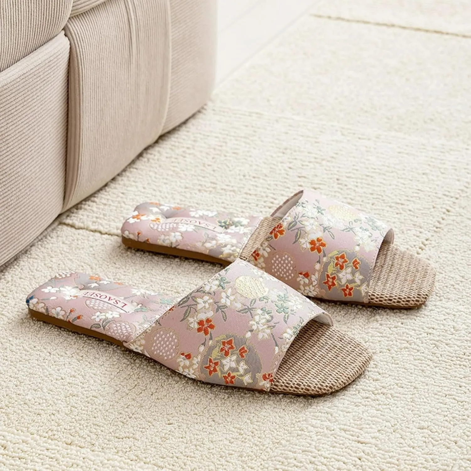 Floral Silk Embroidered Slippers Women Retro Brocade Upper Fuzzy Linen insole Soft TPR Anti-Slip Soles Indoor Slippers