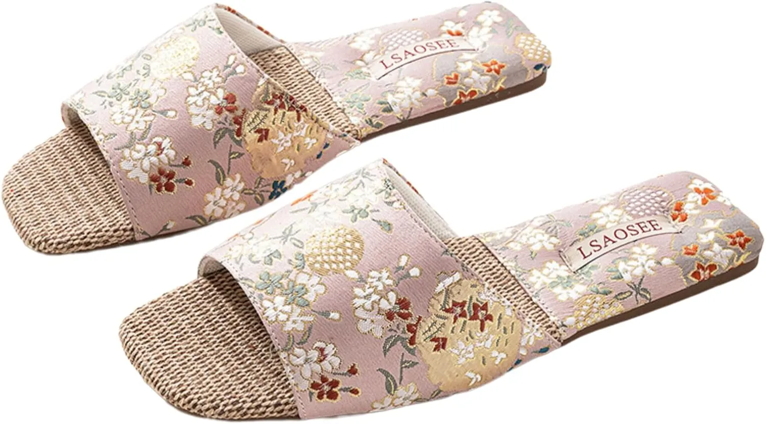 Floral Silk Embroidered Slippers Women Retro Brocade Upper Fuzzy Linen insole Soft TPR Anti-Slip Soles Indoor Slippers