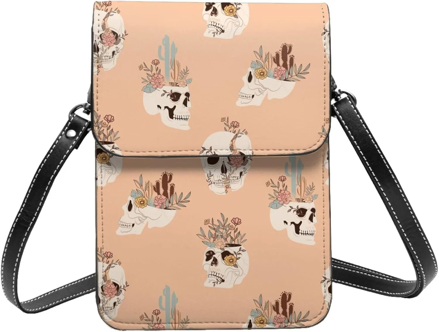 Floral skull mystery dark black Crossbody Cell Phone Purse for Women Girls Leather Mini Cross Body Bags Small Shoulder Bags