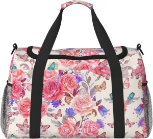 Flower Rose Butterfly print Large Canvas Travel Duffel Bag Weekender Bags for Women Overnight Bag Carry On Tote Bag