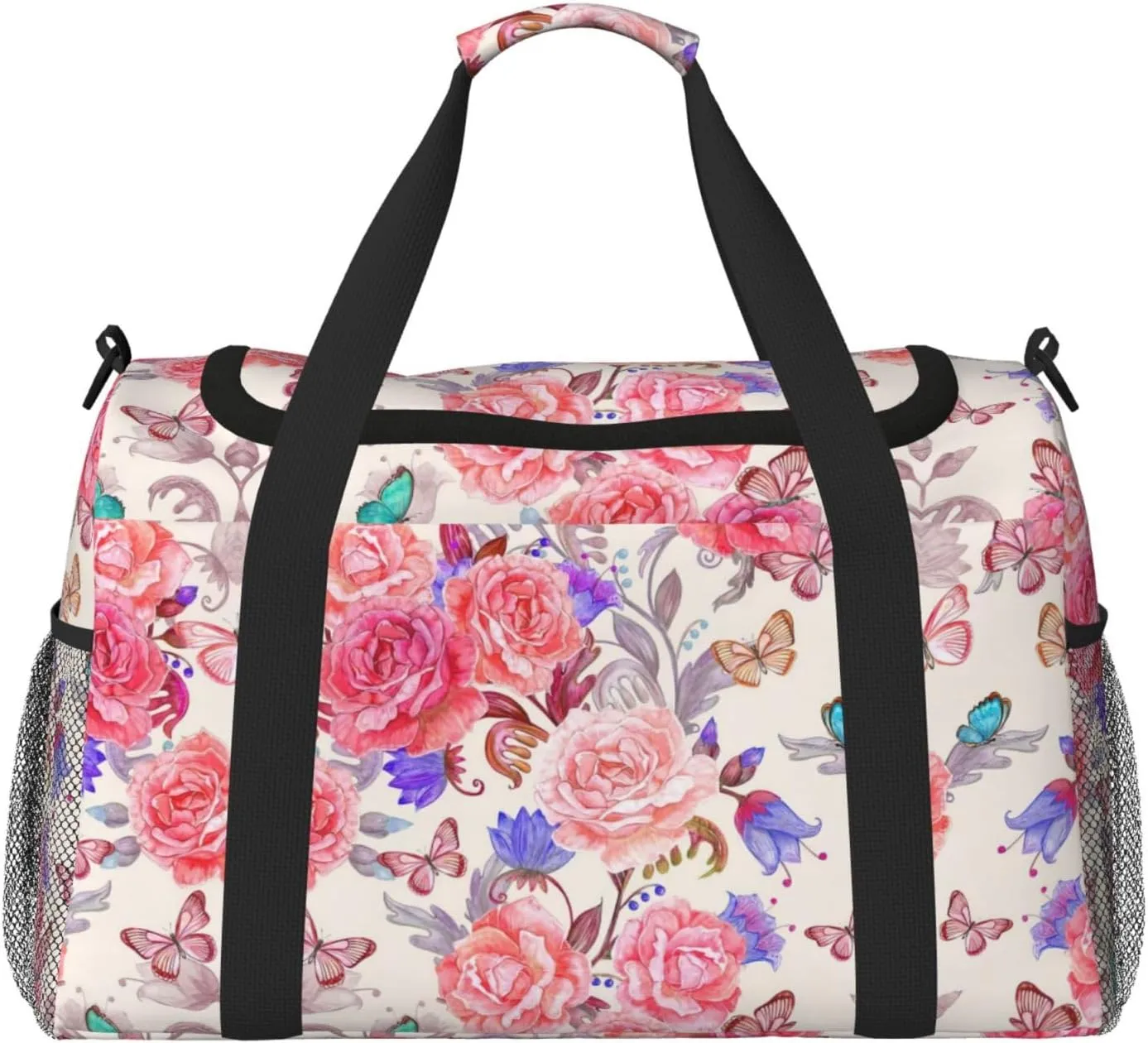 Flower Rose Butterfly print Large Canvas Travel Duffel Bag Weekender Bags for Women Overnight Bag Carry On Tote Bag