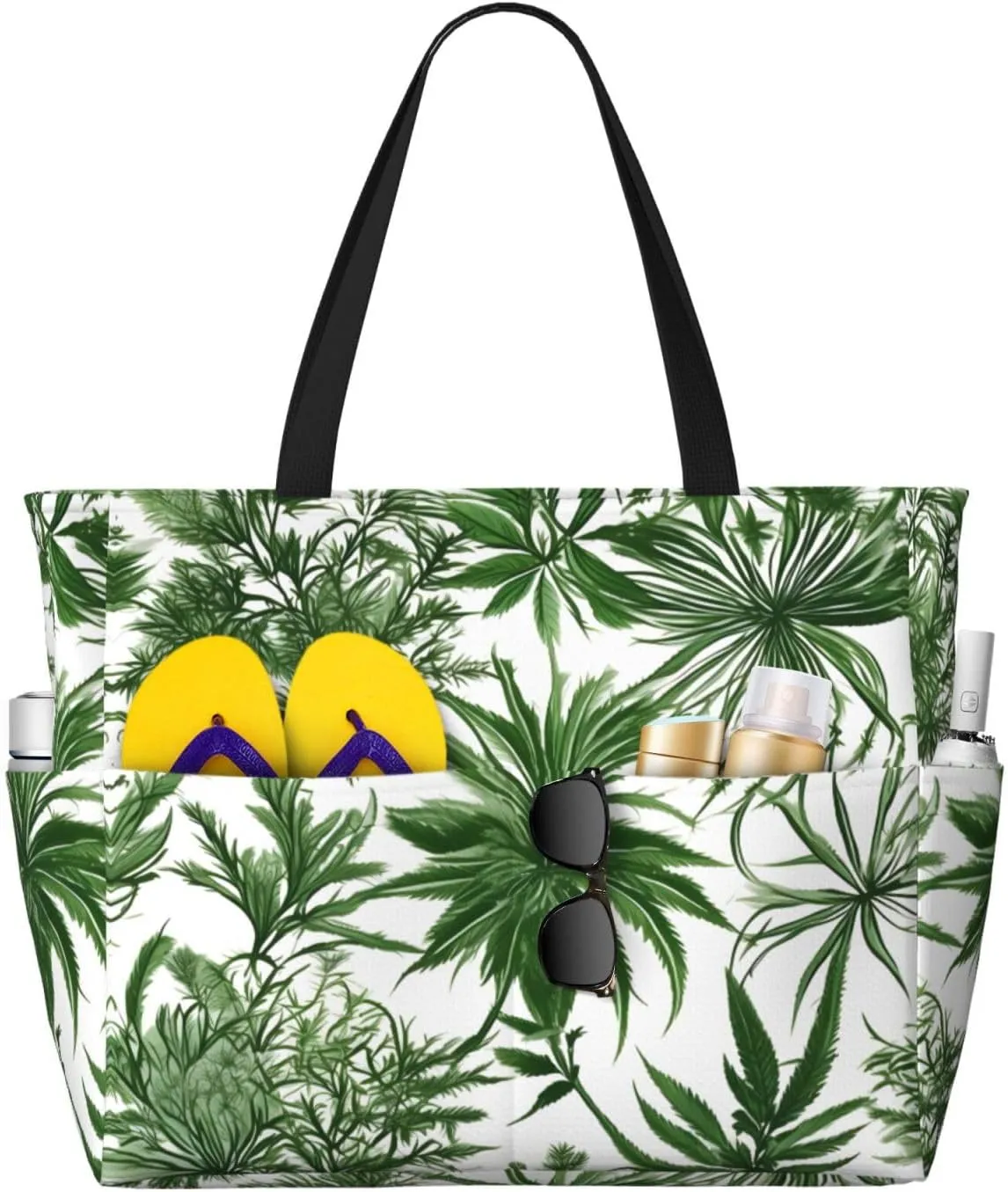 Flowering Herbs And Herbaceous Plants Print Beach Tote Bag Large Travel Bag With Zipper And Pockets Lightweight Gym Bag