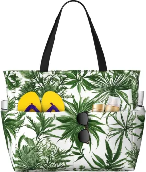 Flowering Herbs And Herbaceous Plants Print Beach Tote Bag Large Travel Bag With Zipper And Pockets Lightweight Gym Bag