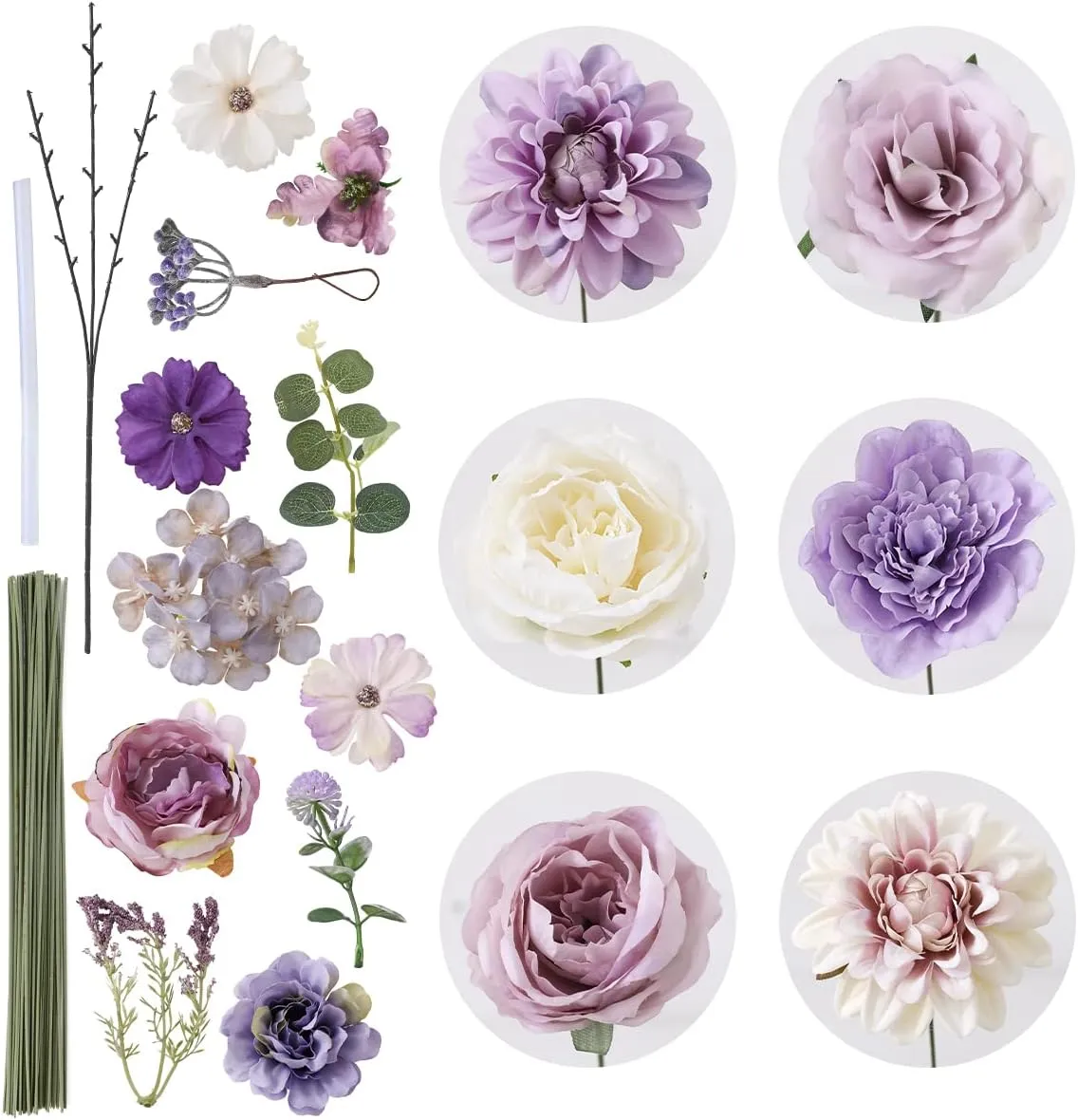 Floweroyal Artificial Flowers Combo Purple Flowers Mix Silk Flowers Dahlia Roses with Stems for DIY Wedding Bridal Bouquets, Baby Shower, Floral Arrangement, Table Centerpieces, Home Decorations.
