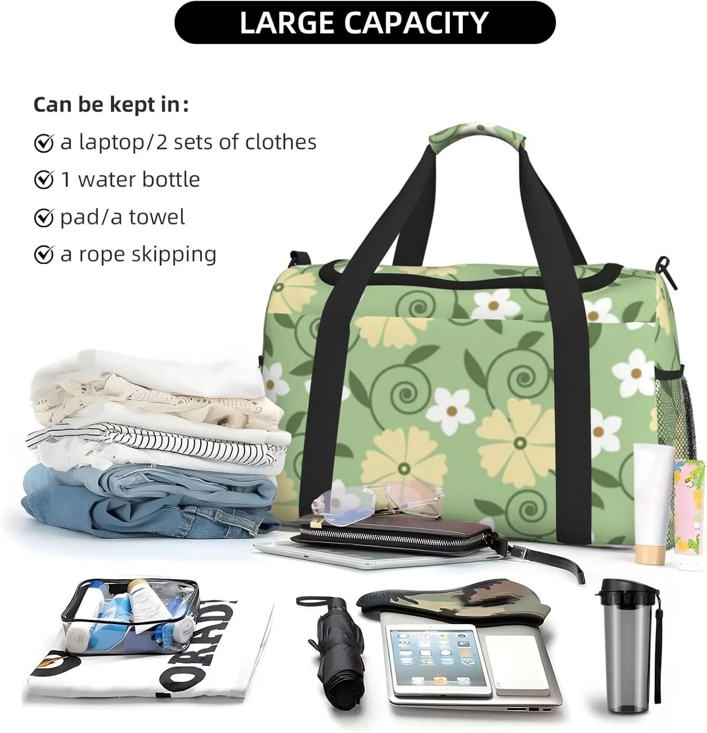 Flowers Cute Fashion Pattern Travel Duffel Bag Large Foldable Waterproof Overnight Bag For Beach Swim Bags Pool Sports Gym