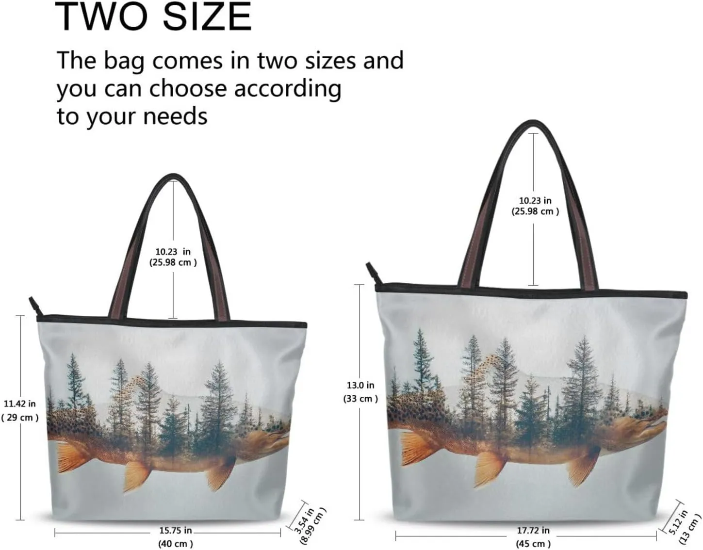 Forest Trout Women Tote Bag Purse Zipper Closure Reusable Grocery Handbag Large