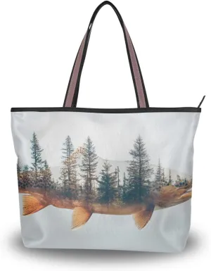 Forest Trout Women Tote Bag Purse Zipper Closure Reusable Grocery Handbag Large