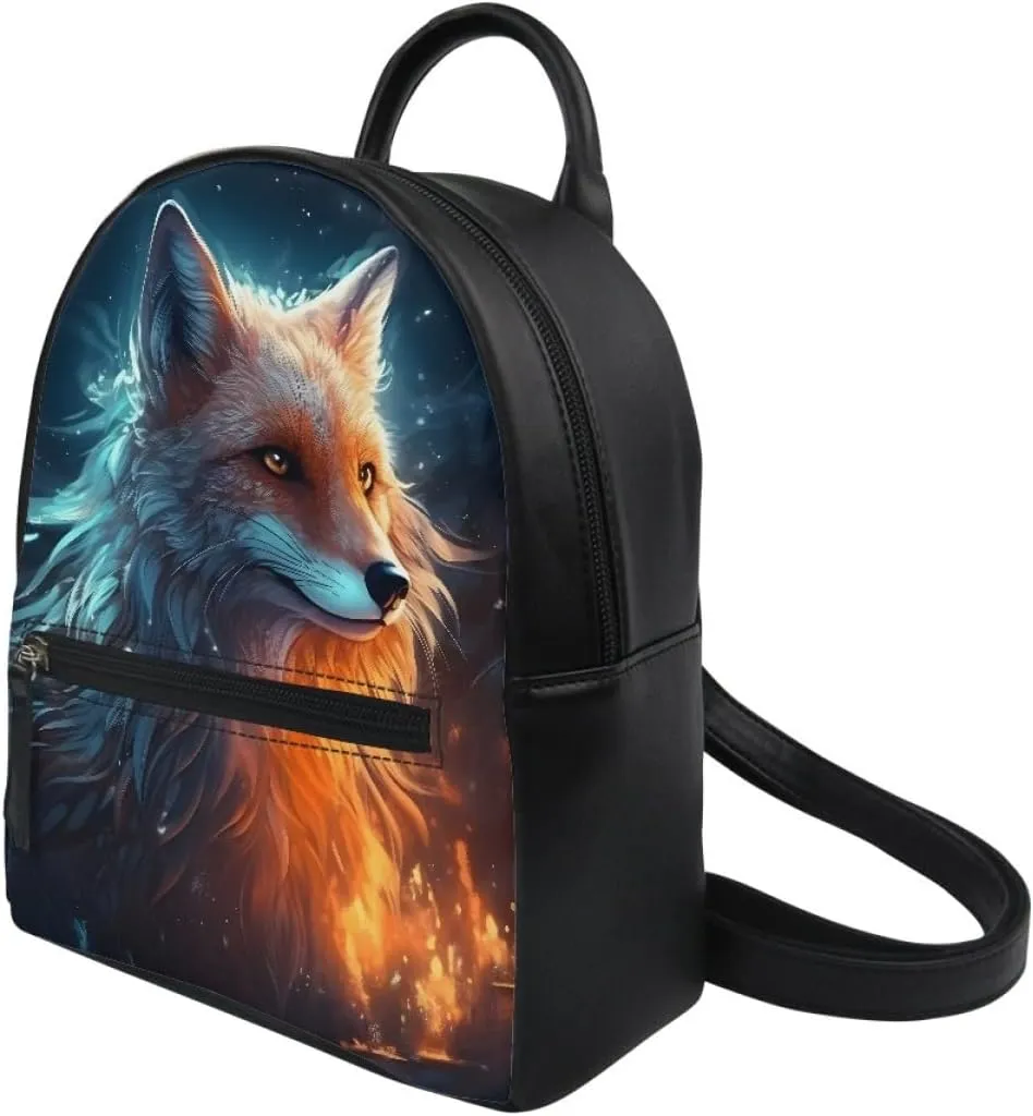 Fox Wolf Backpack for Teenager Boys Mens Lightweight Pu Leather Small Daypack School Bags for Traveling,Blue Yellow Fox