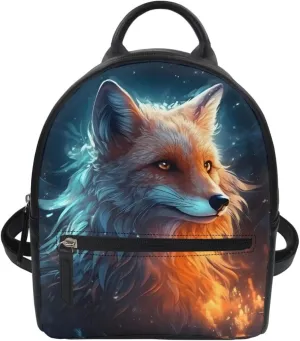 Fox Wolf Backpack for Teenager Boys Mens Lightweight Pu Leather Small Daypack School Bags for Traveling,Blue Yellow Fox