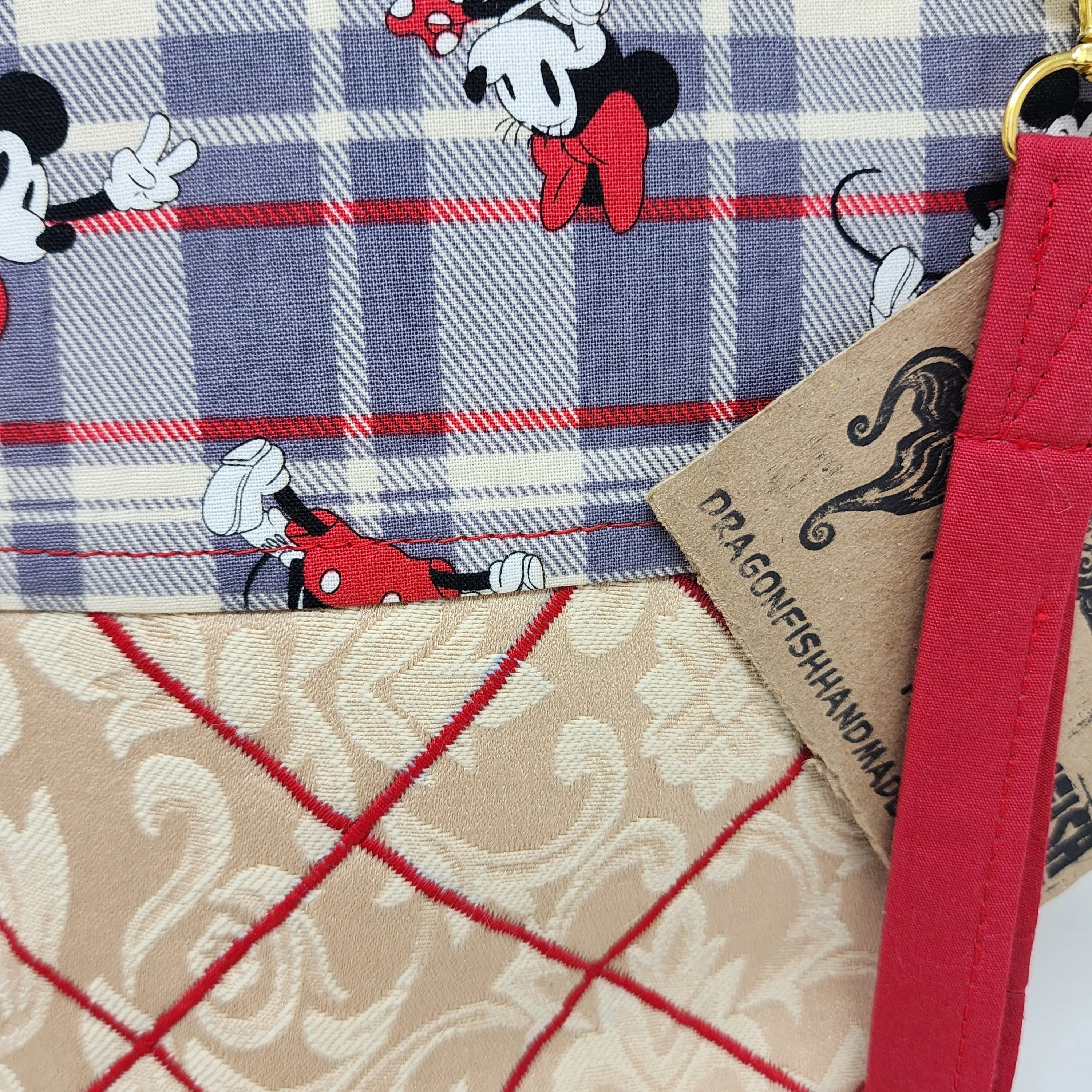 Freehand Machine Embroidered Brocade Gold Tablecloth   Plaid Mouse Fabric 10x11 Upcycled Project Bag