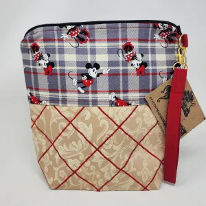 Freehand Machine Embroidered Brocade Gold Tablecloth   Plaid Mouse Fabric 10x11 Upcycled Project Bag