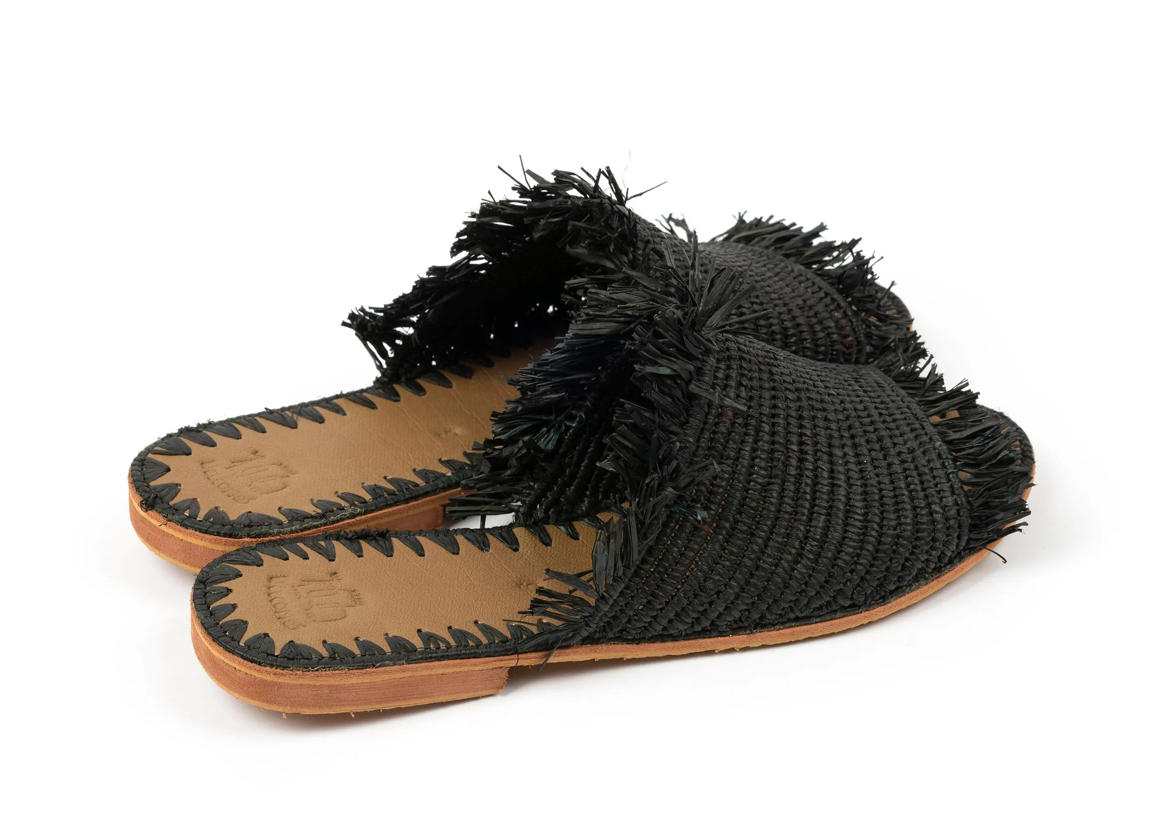 Fringed Raffia Slippers 'ZINA' Black