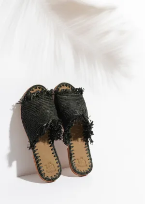 Fringed Raffia Slippers 'ZINA' Black
