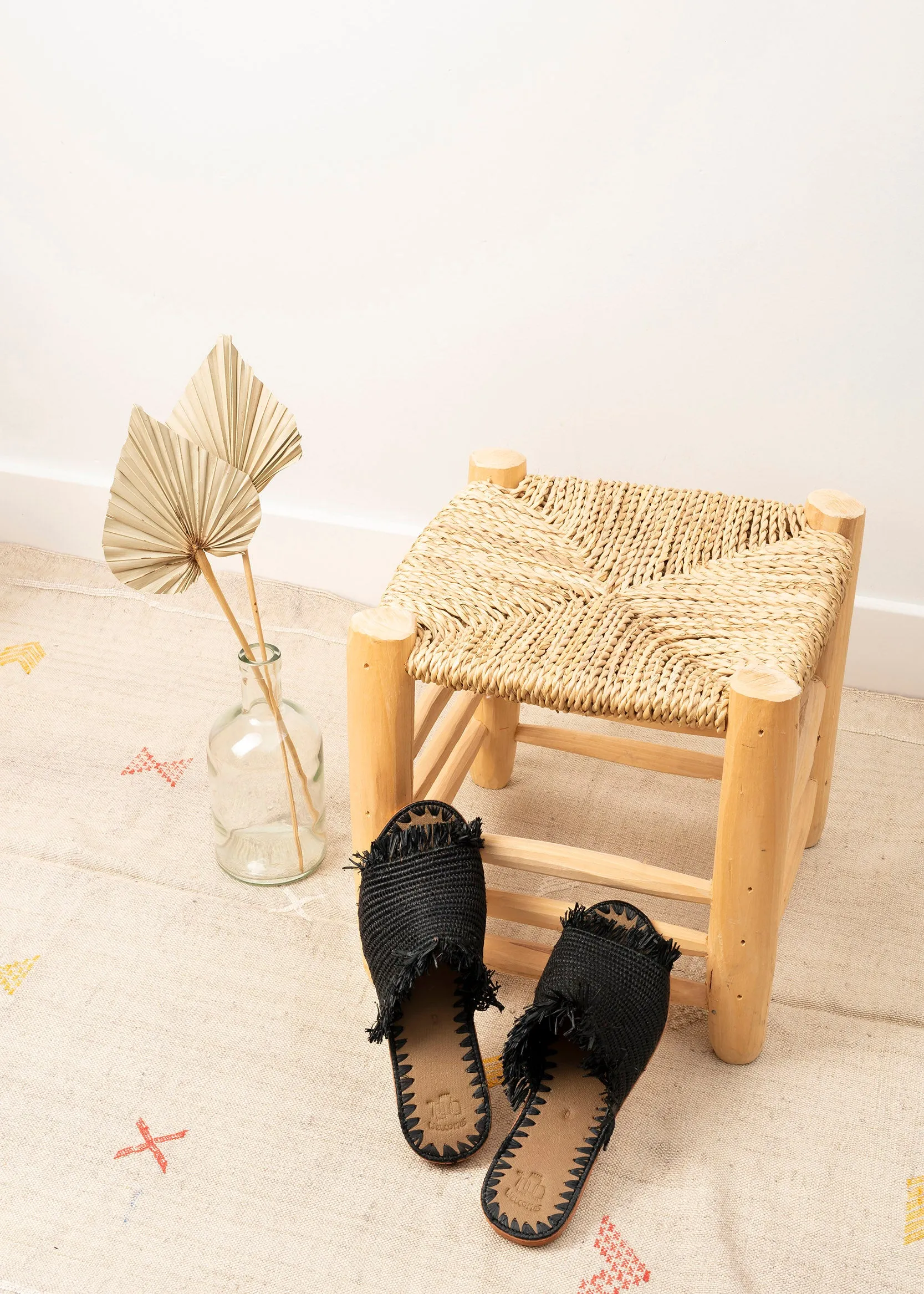 Fringed Raffia Slippers 'ZINA' Black