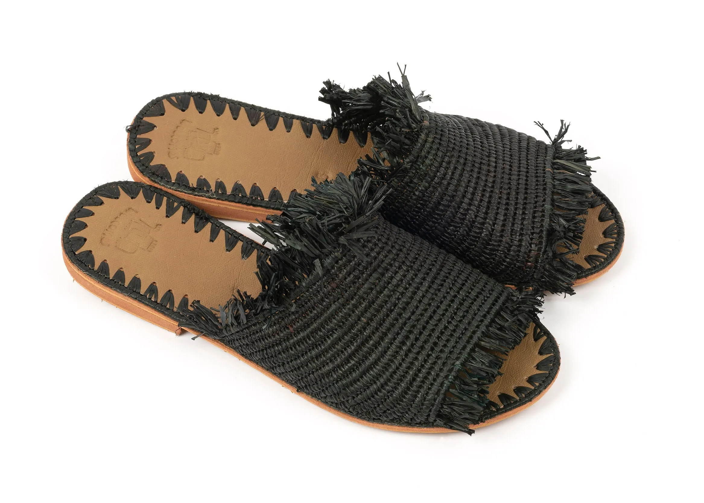 Fringed Raffia Slippers 'ZINA' Black