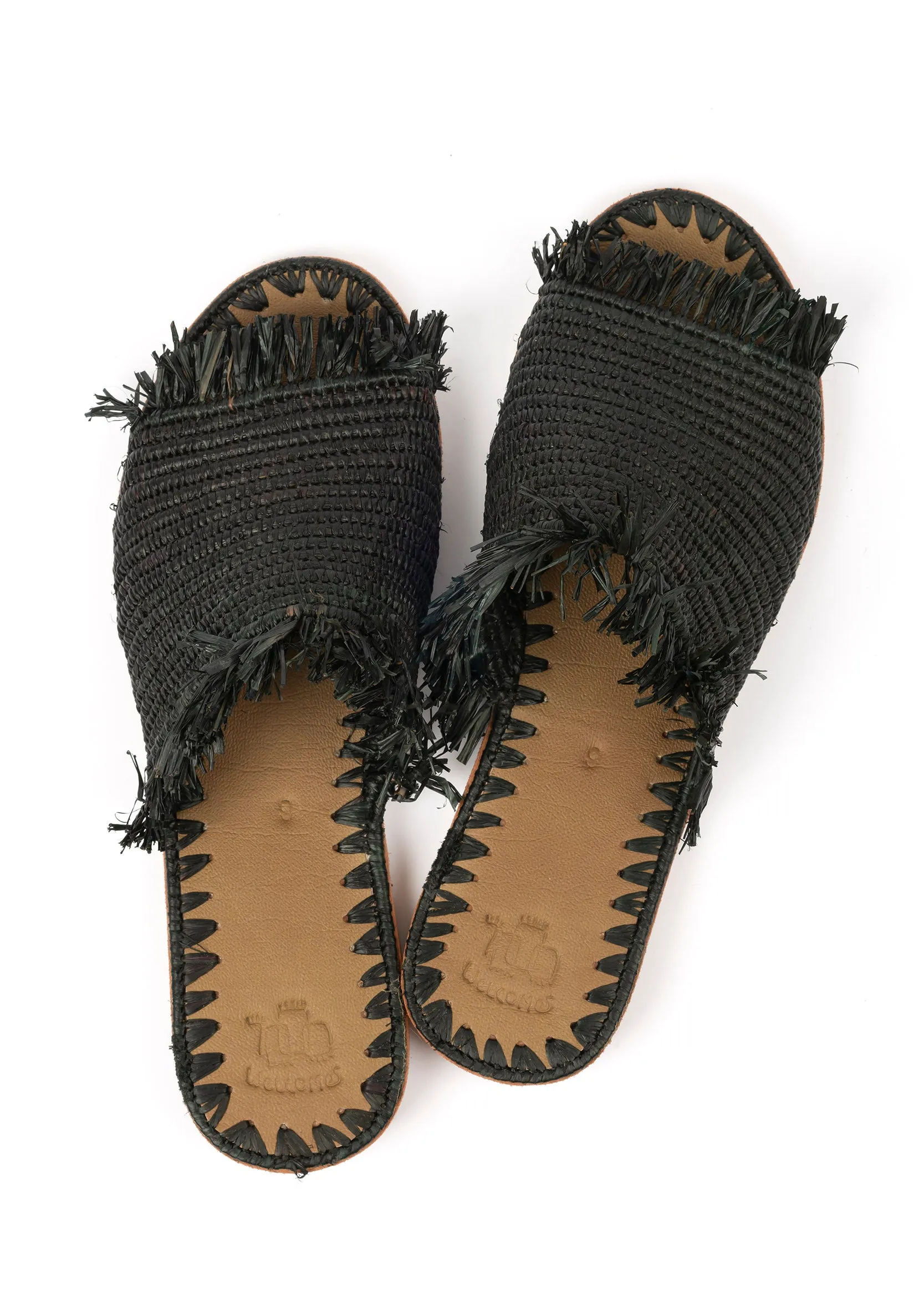 Fringed Raffia Slippers 'ZINA' Black