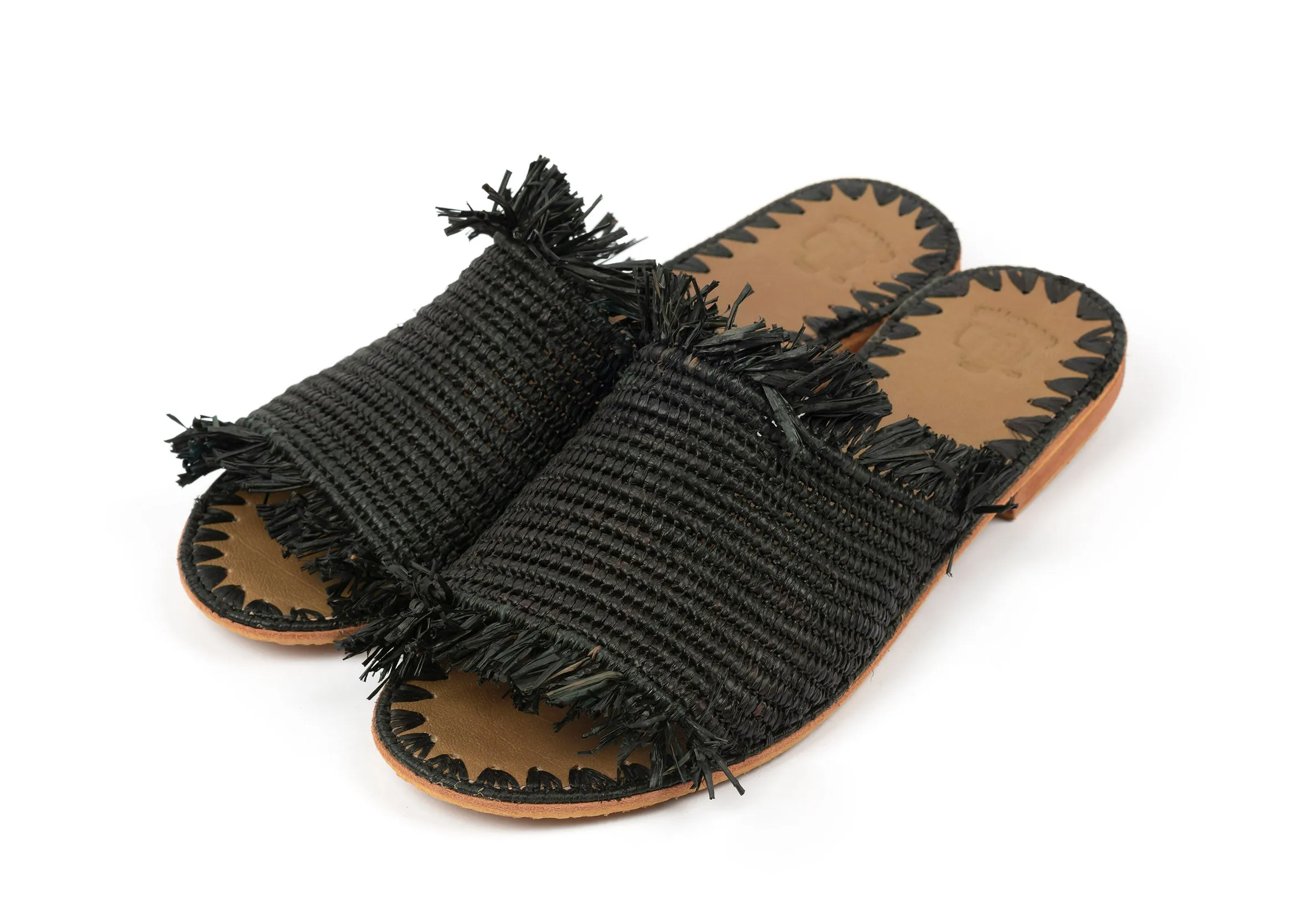 Fringed Raffia Slippers 'ZINA' Black