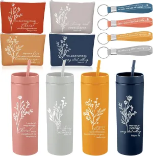 Fumete 4 Set Christian Gifts for Women Men 16oz Bible Verse Skinny Cup Religious Makeup Cosmetic Bag Inspirational Silicone Keychain Christian Fathers Day Gifts for Church(Bright Color)