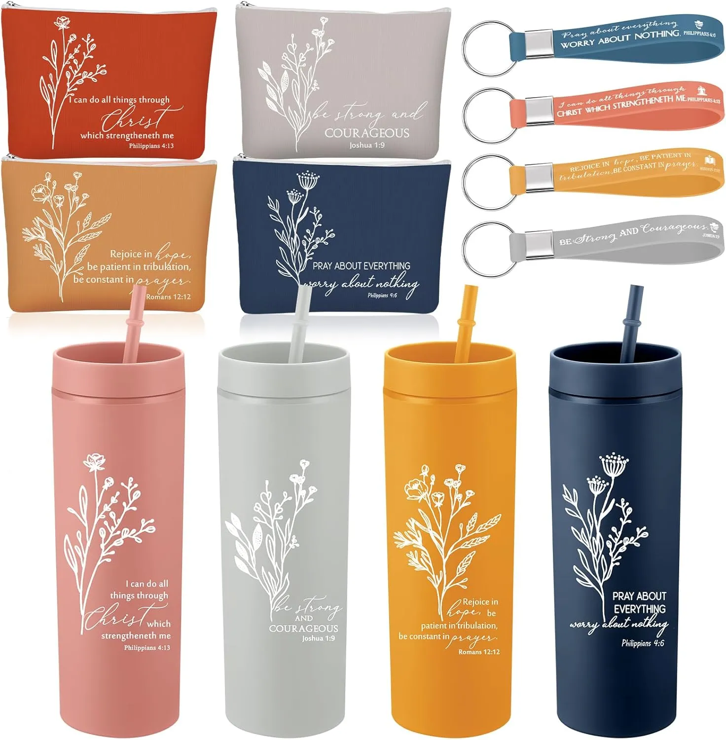 Fumete 4 Set Christian Gifts for Women Men 16oz Bible Verse Skinny Cup Religious Makeup Cosmetic Bag Inspirational Silicone Keychain Christian Fathers Day Gifts for Church(Bright Color)