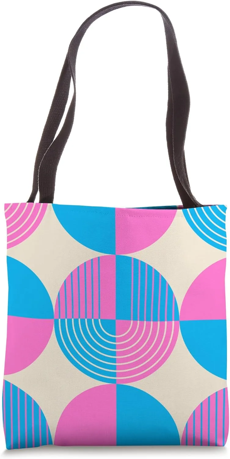 Fun Geometric Retro Pattern Pink Blue Circles Stripe Graphic Tote Bag