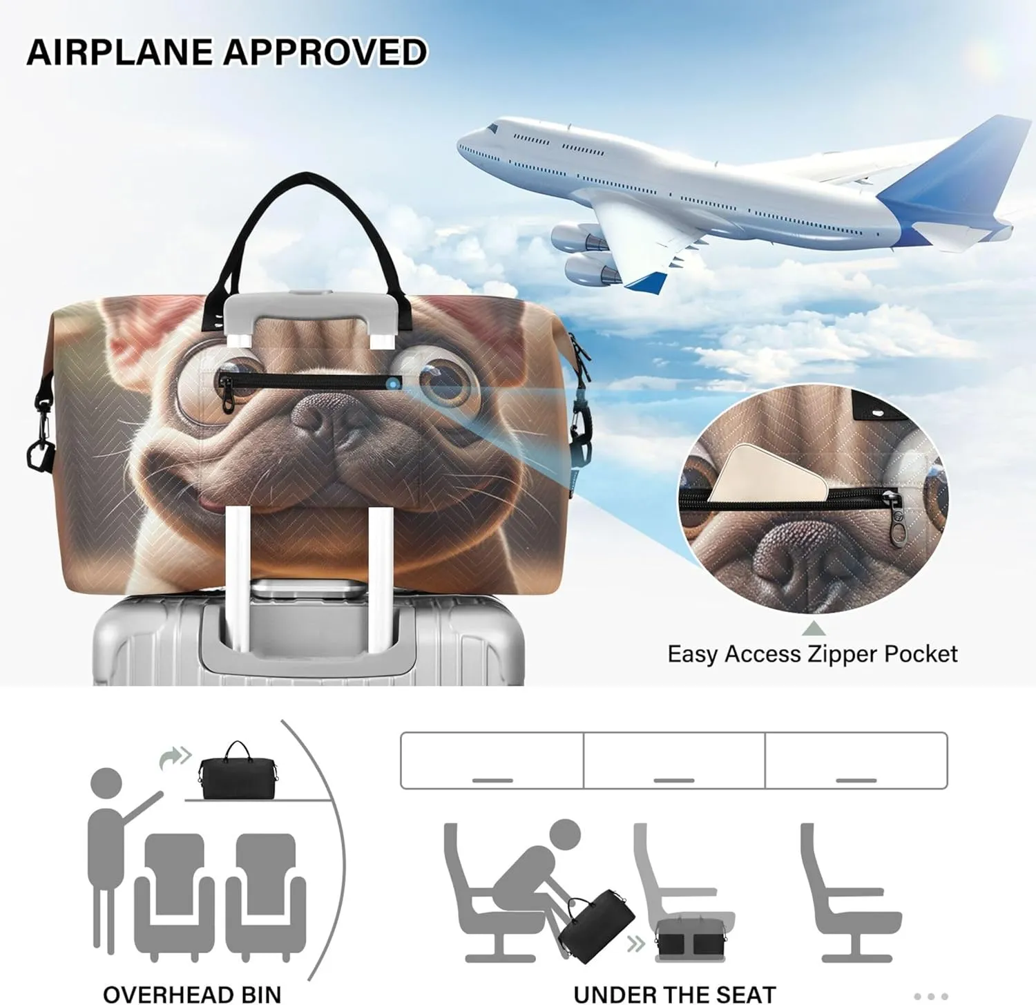 Funny French Bulldog Duffel Bag Womens Cosmetic Pouch Set of 2, Print Women Sports Dance Bag Carry on Bags for Airplanes