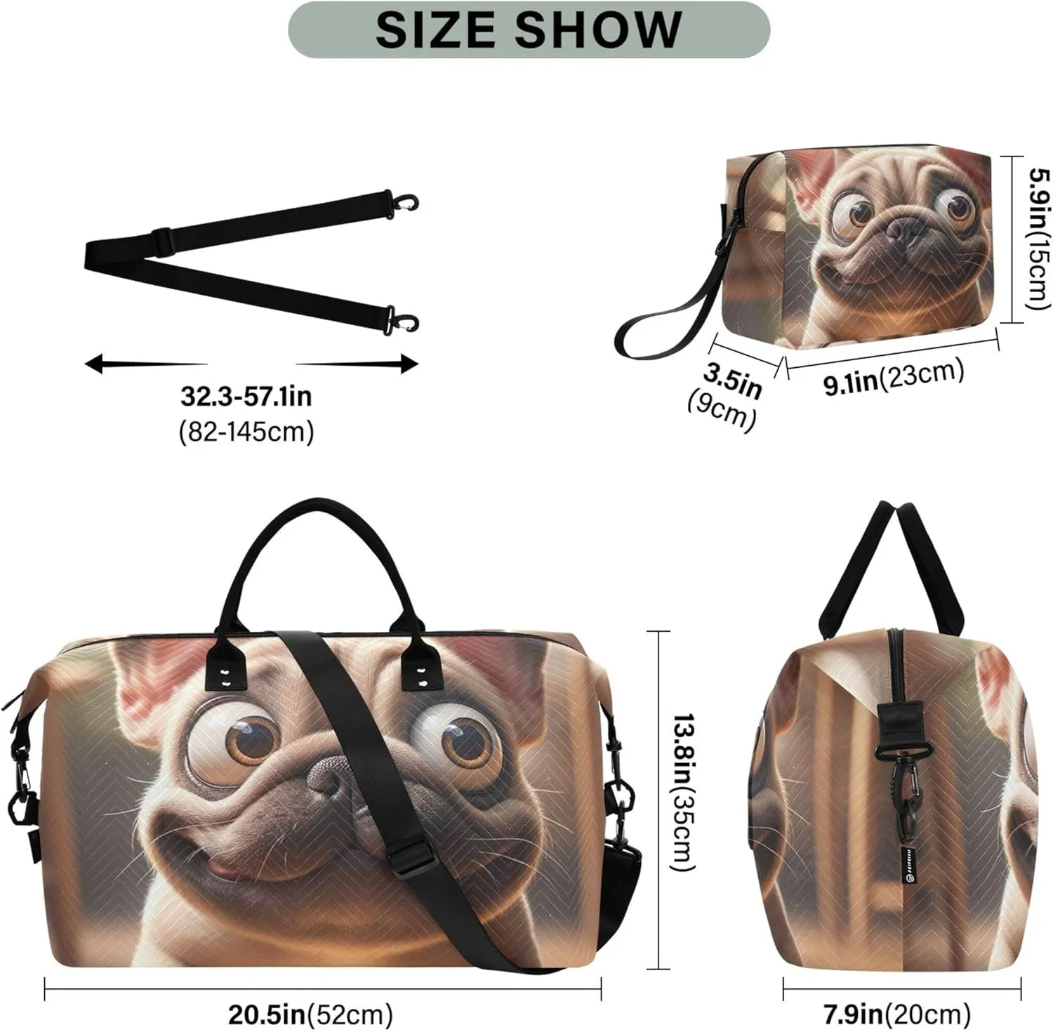 Funny French Bulldog Duffel Bag Womens Cosmetic Pouch Set of 2, Print Women Sports Dance Bag Carry on Bags for Airplanes