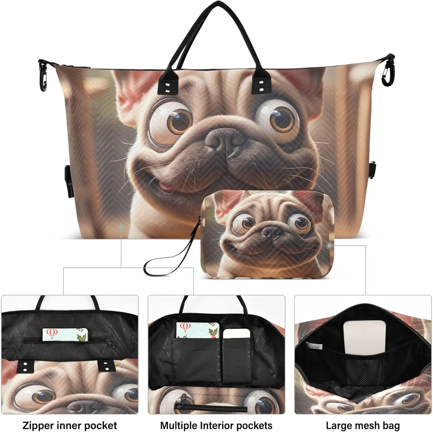 Funny French Bulldog Duffel Bag Womens Cosmetic Pouch Set of 2, Print Women Sports Dance Bag Carry on Bags for Airplanes
