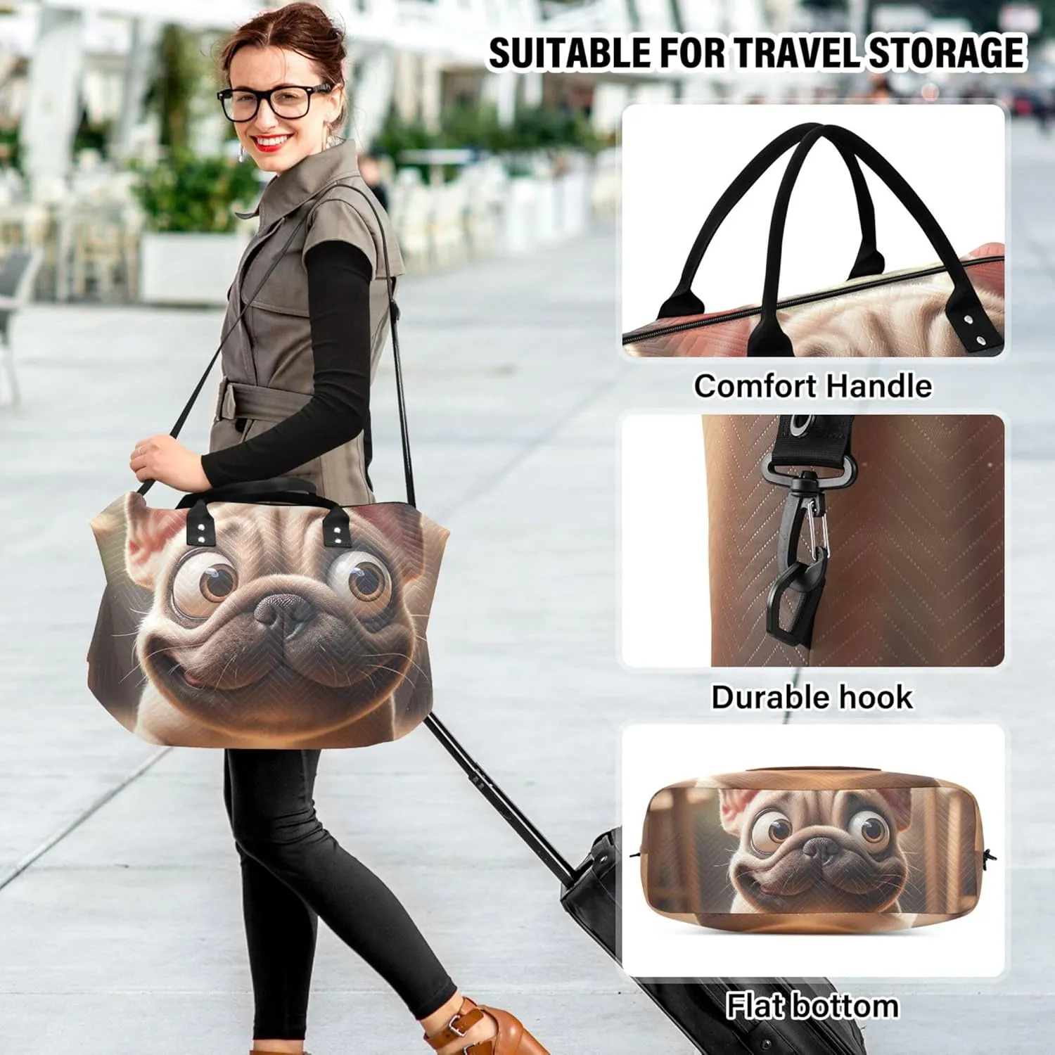 Funny French Bulldog Duffel Bag Womens Cosmetic Pouch Set of 2, Print Women Sports Dance Bag Carry on Bags for Airplanes