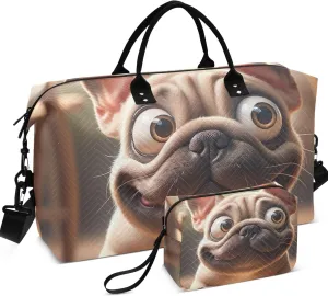 Funny French Bulldog Duffel Bag Womens Cosmetic Pouch Set of 2, Print Women Sports Dance Bag Carry on Bags for Airplanes