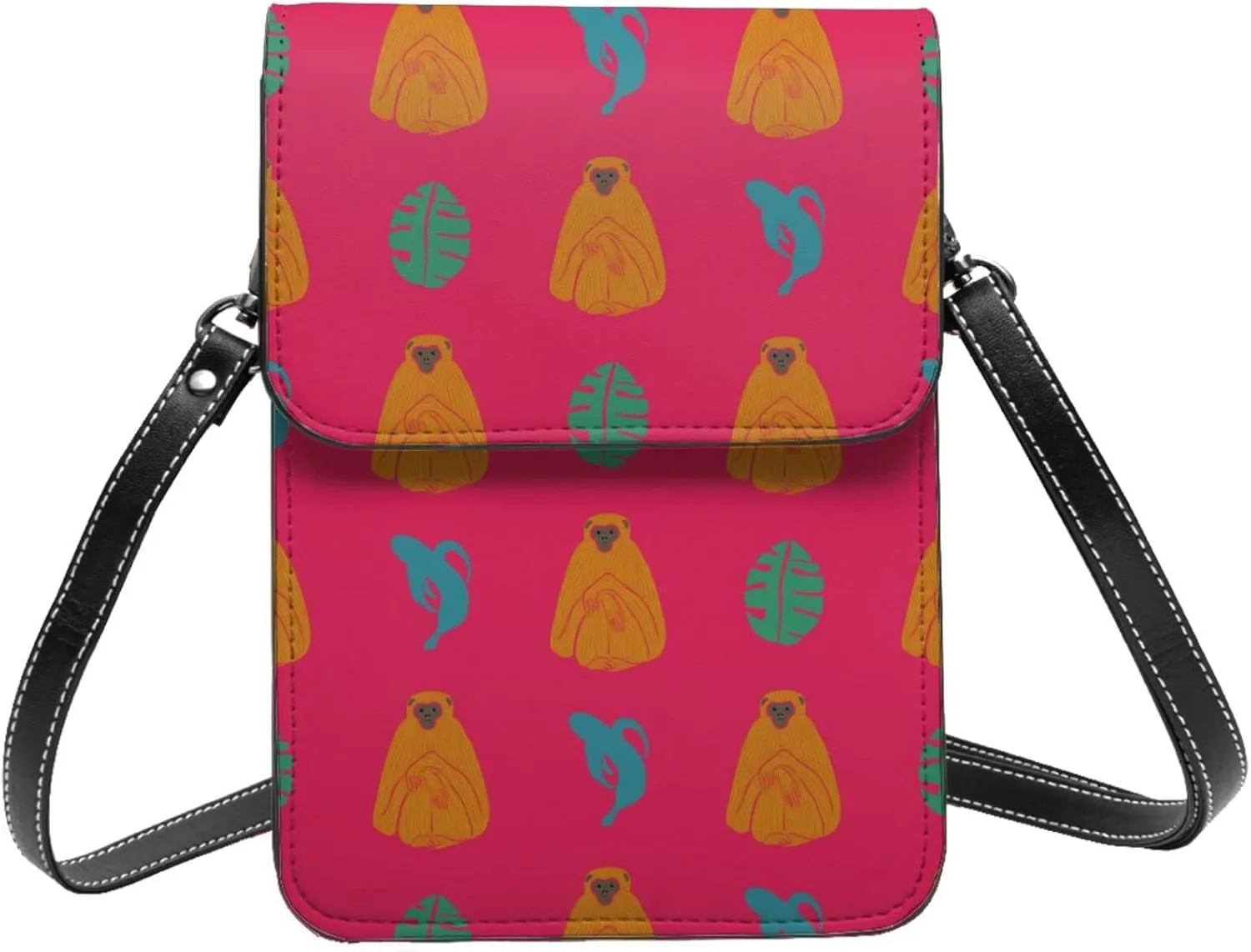 funny gibbon monkey hawaii pink Crossbody Cell Phone Purse for Women Girls Leather Mini Cross Body Bags Small Shoulder Bags