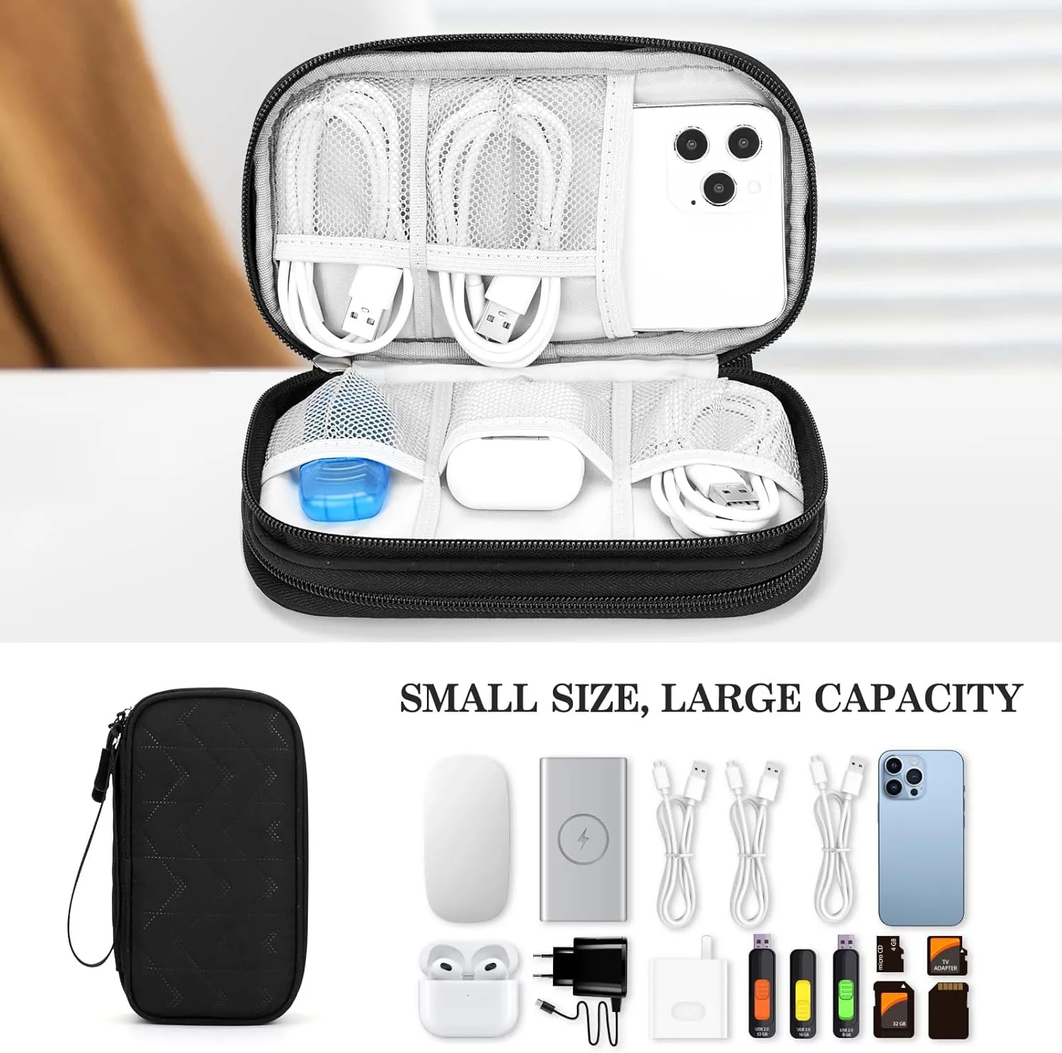FYY Travel Organizer Pouch Electronic Accessories Carry Case Portable Waterproof Double Layers All-in-One Storage Bag for Cable, Cord, Charger, Phone, Pattern Black
