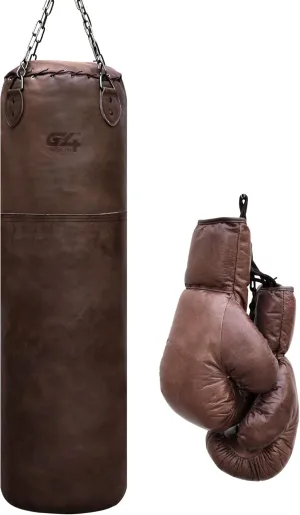 G4 Vision Antique Leather Cowhide Punch Bag Vintage Punching Bag with Boxing Gloves Punchbag Heavy Bags MMA 4ft
