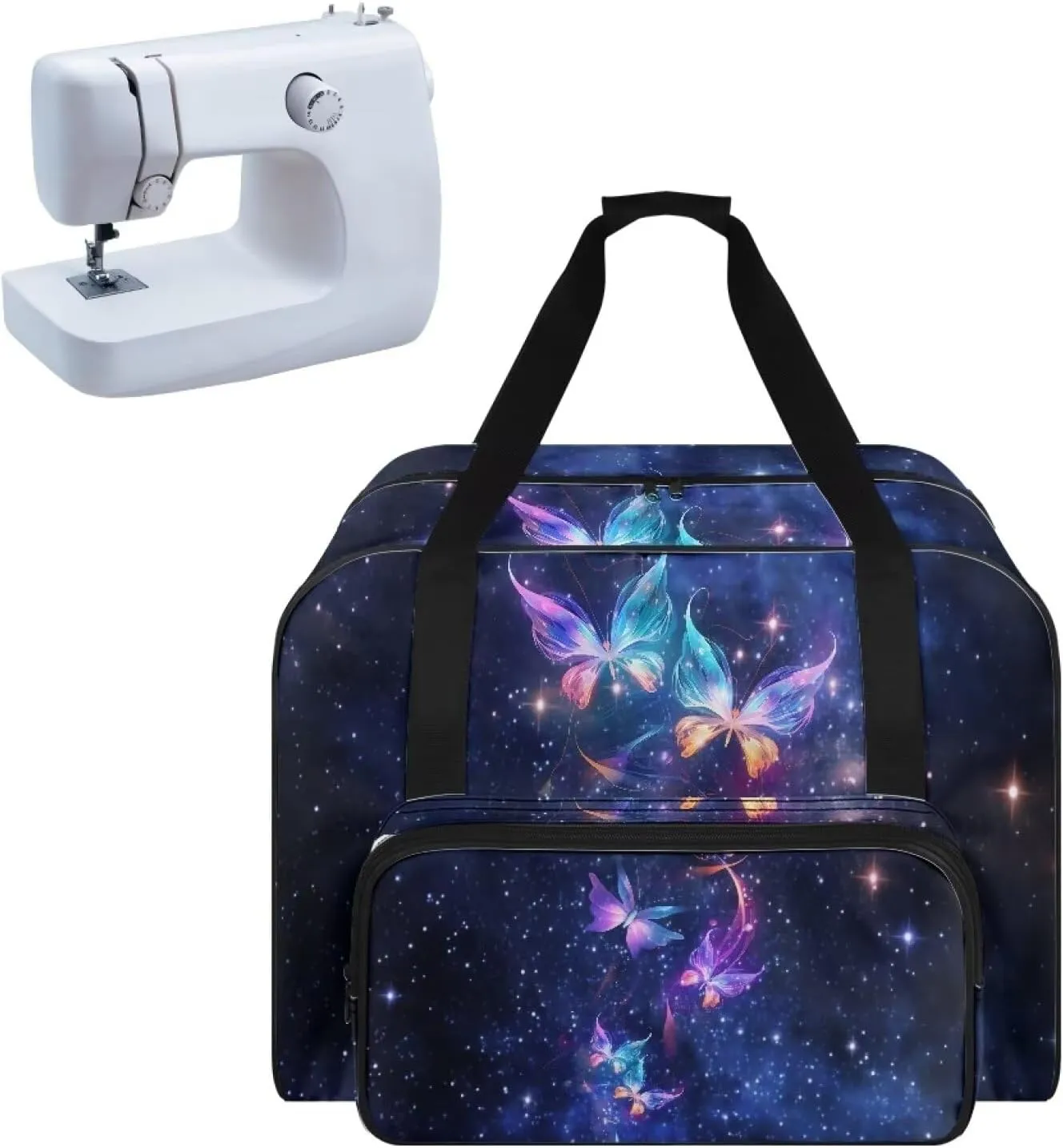 Galaxy Butterflies Fashion Sewing Machine Carrying Case Tote Bag, Padded Storage Cover Carrying Case with Pockets and Handles, Suitable for Most Standard Sewing Machine