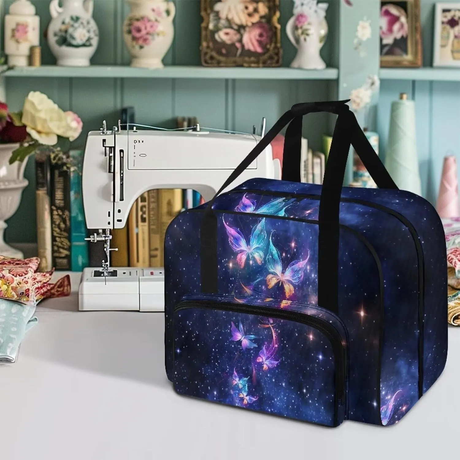 Galaxy Butterflies Fashion Sewing Machine Carrying Case Tote Bag, Padded Storage Cover Carrying Case with Pockets and Handles, Suitable for Most Standard Sewing Machine