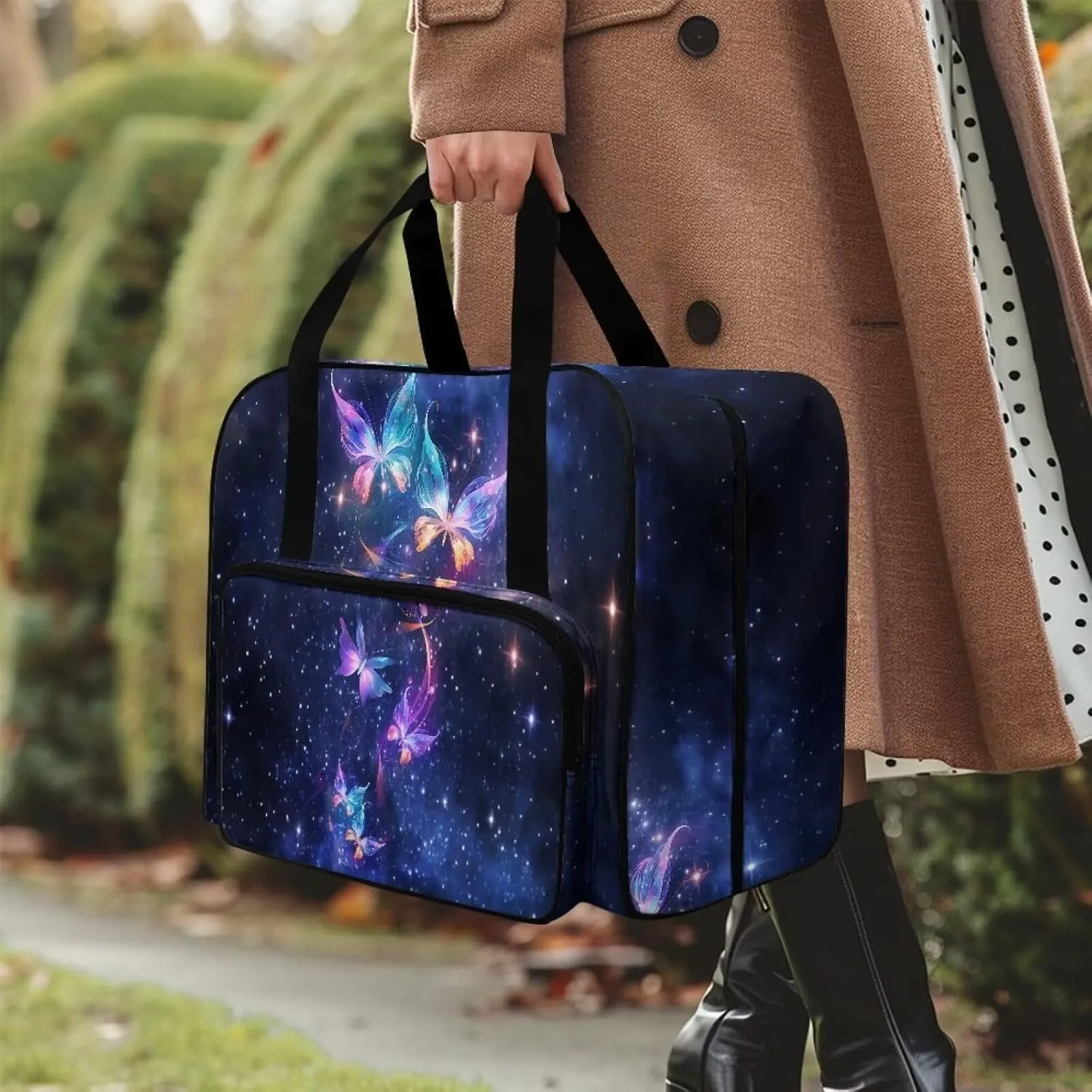 Galaxy Butterflies Fashion Sewing Machine Carrying Case Tote Bag, Padded Storage Cover Carrying Case with Pockets and Handles, Suitable for Most Standard Sewing Machine