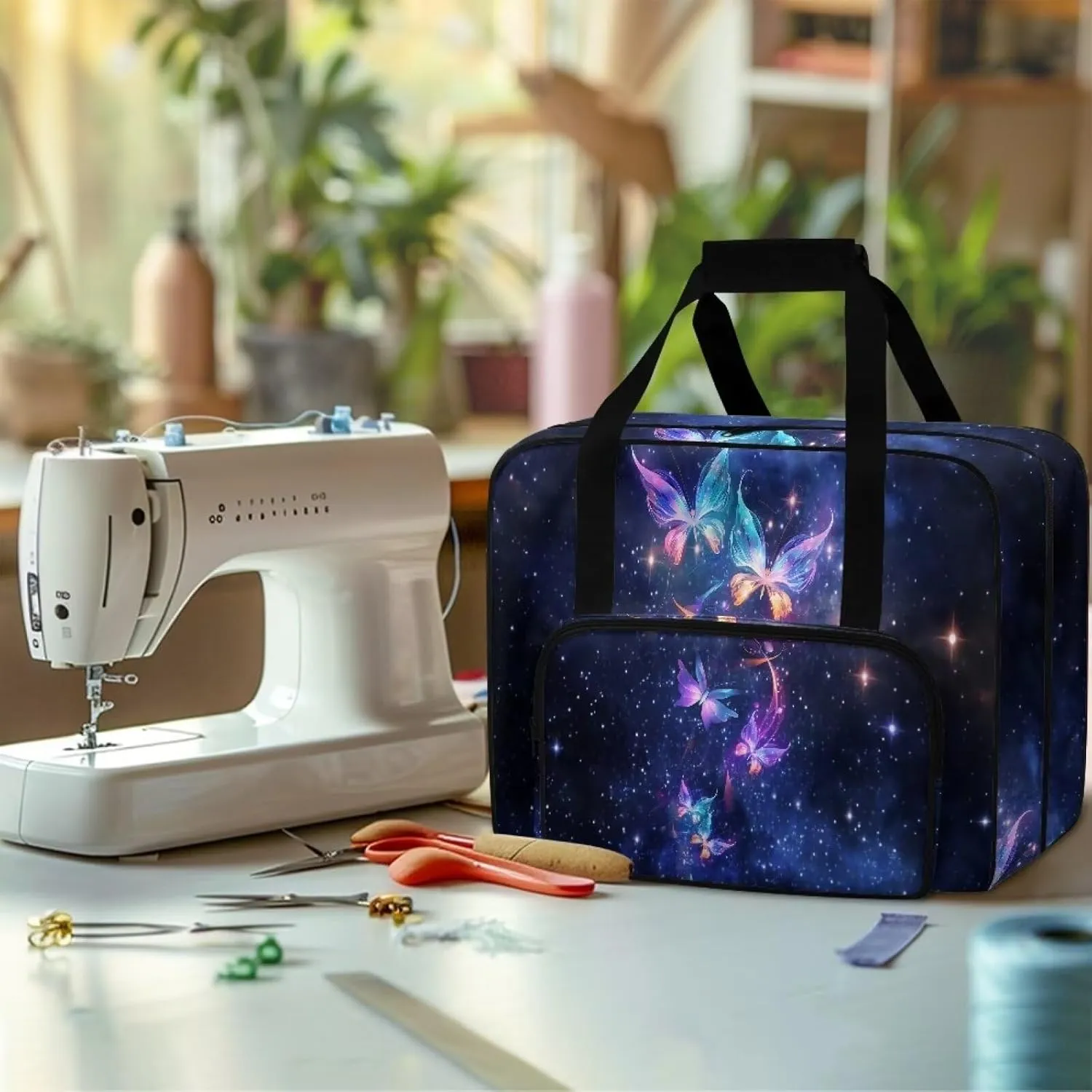 Galaxy Butterflies Fashion Sewing Machine Carrying Case Tote Bag, Padded Storage Cover Carrying Case with Pockets and Handles, Suitable for Most Standard Sewing Machine