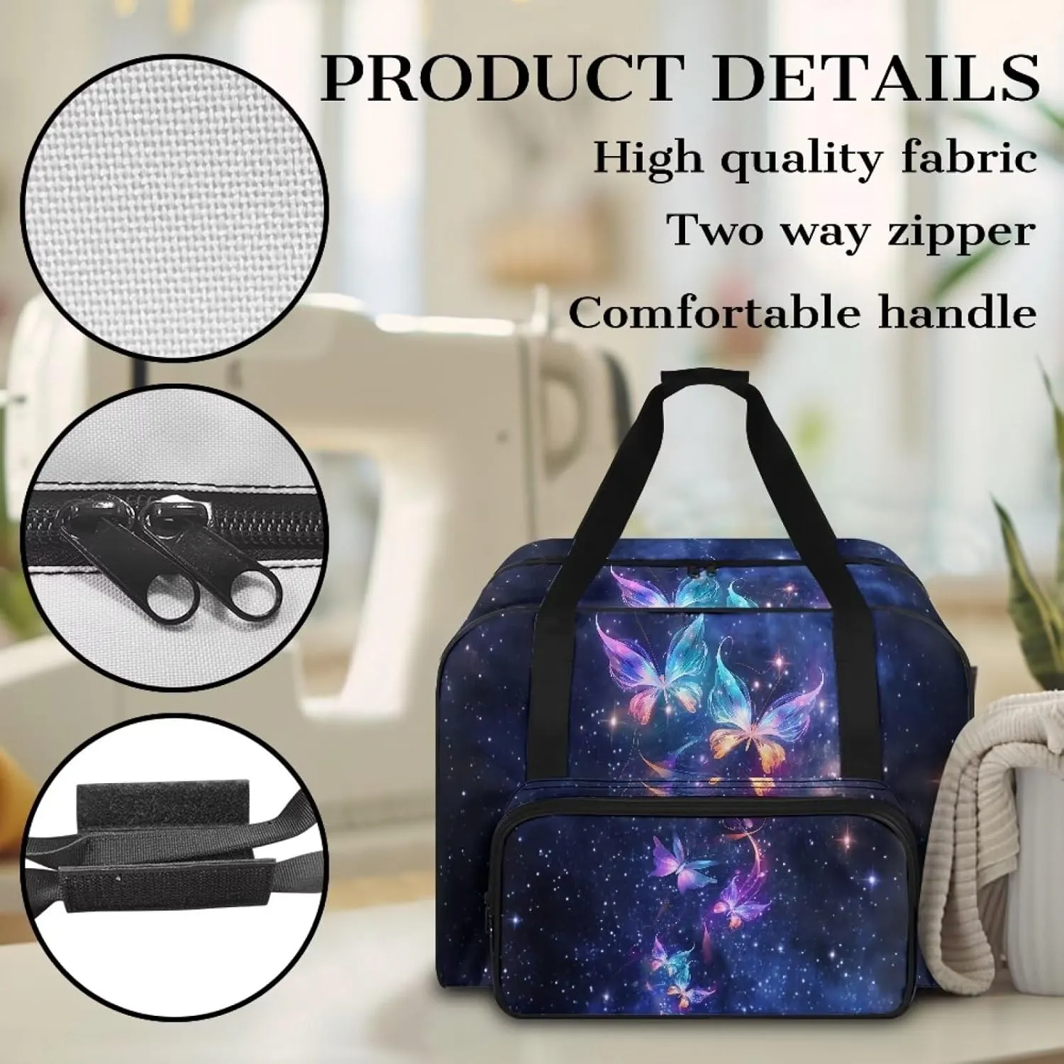 Galaxy Butterflies Fashion Sewing Machine Carrying Case Tote Bag, Padded Storage Cover Carrying Case with Pockets and Handles, Suitable for Most Standard Sewing Machine