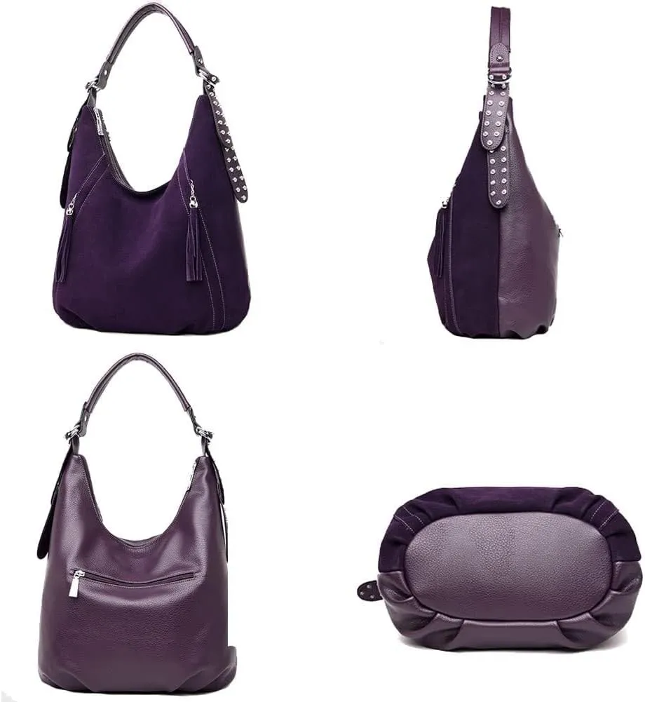 Genuine Leather Hobo Handbag Work Travel Top Handle with Tassel Women’s Tote Roomy Shoulder Purse