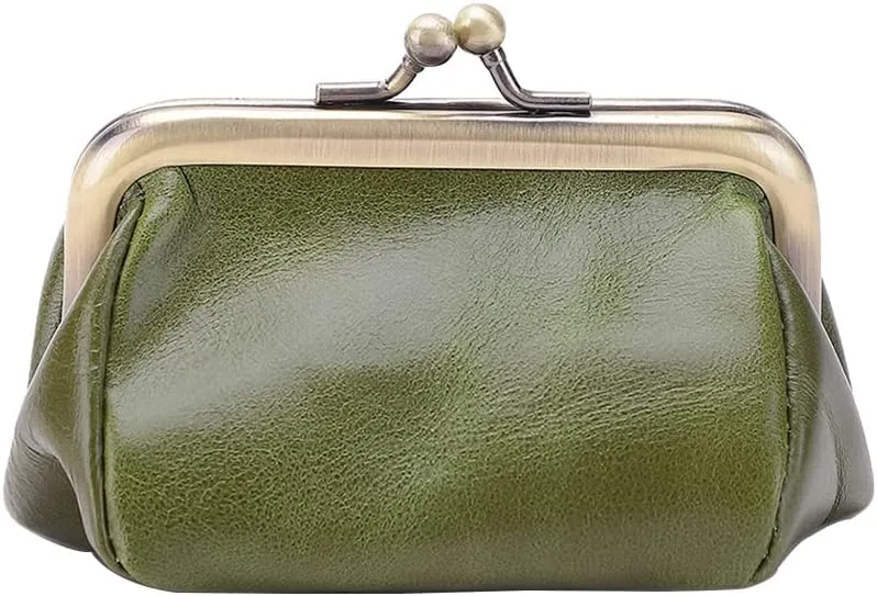 Genuine Leather Mini Vintage Coin Purse Kiss Lock change purse Cute Coin Purse Coin Organizer (Green)