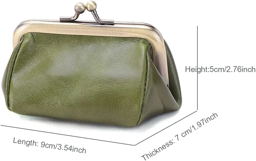 Genuine Leather Mini Vintage Coin Purse Kiss Lock change purse Cute Coin Purse Coin Organizer (Green)
