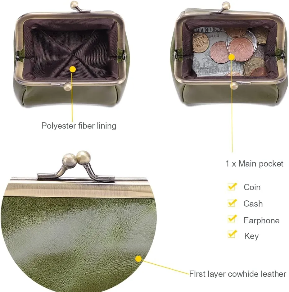 Genuine Leather Mini Vintage Coin Purse Kiss Lock change purse Cute Coin Purse Coin Organizer (Green)