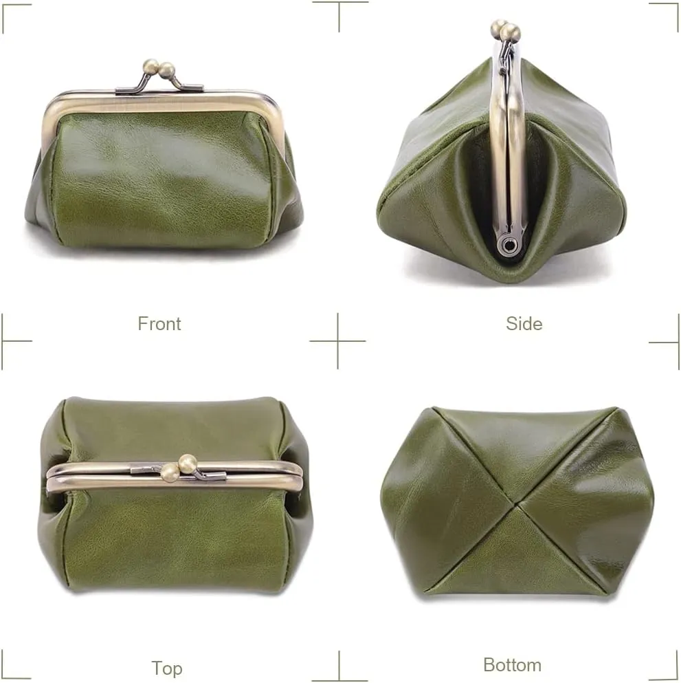 Genuine Leather Mini Vintage Coin Purse Kiss Lock change purse Cute Coin Purse Coin Organizer (Green)