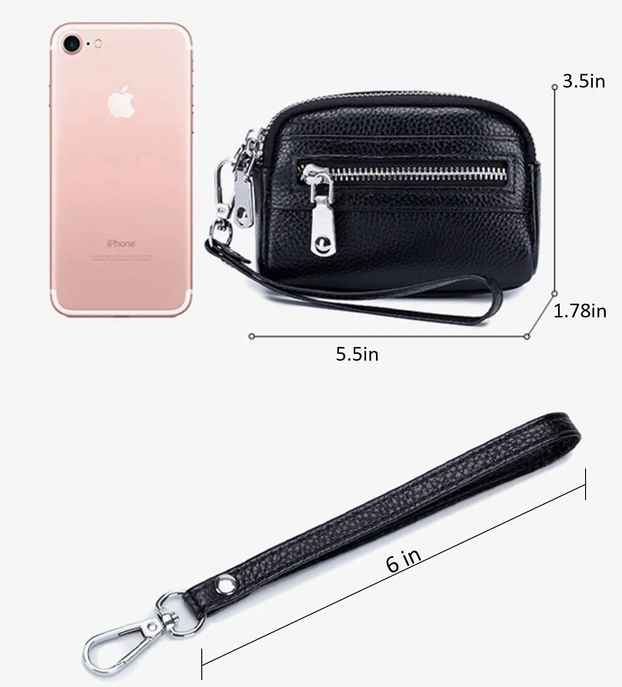 Genuine Leather Mini Wristlet Wallet for Women, 3 Zipped Coin Purse Small Pouch with Wristlet Strap (Lavender)