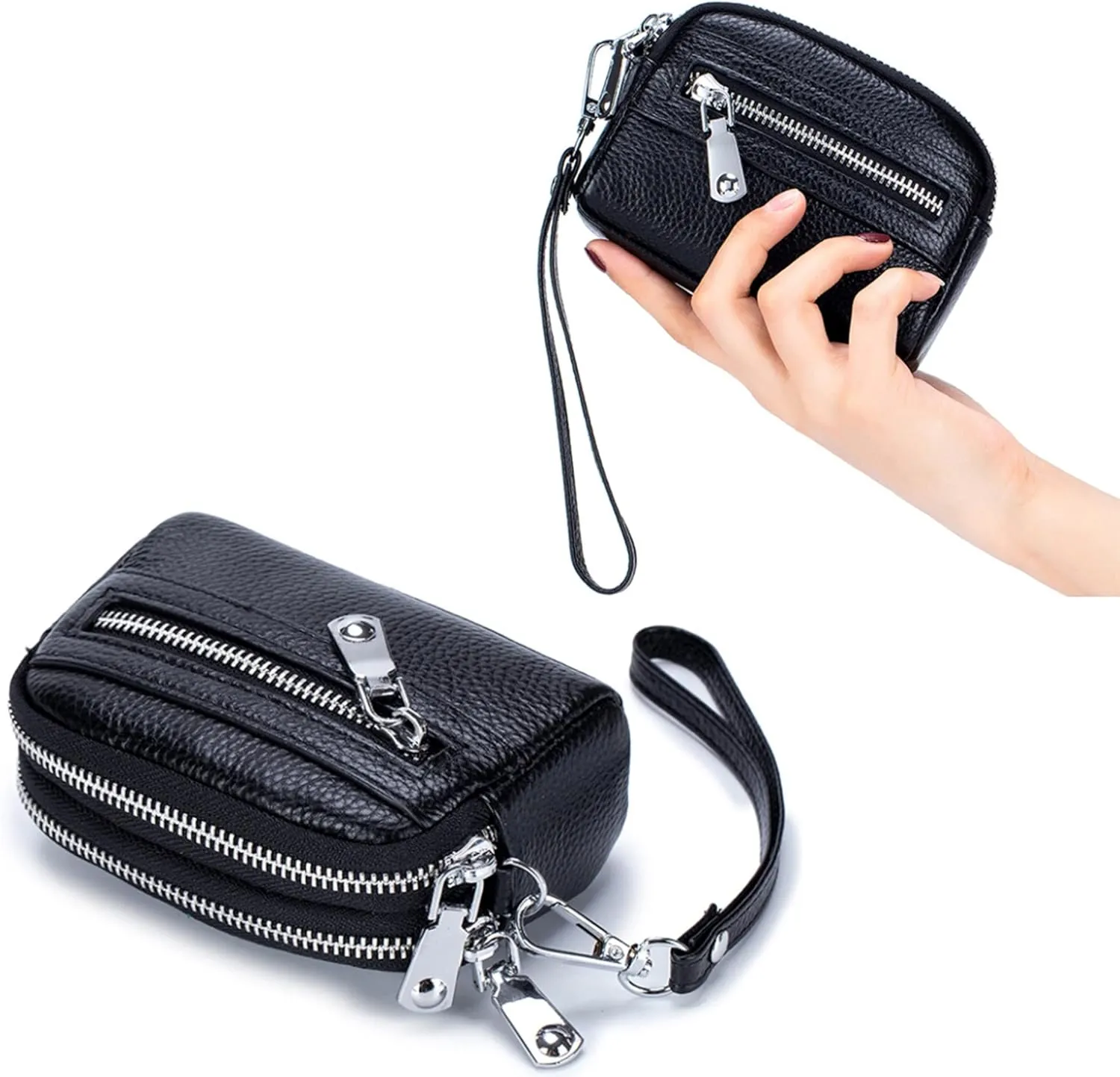 Genuine Leather Mini Wristlet Wallet for Women, 3 Zipped Coin Purse Small Pouch with Wristlet Strap (Lavender)