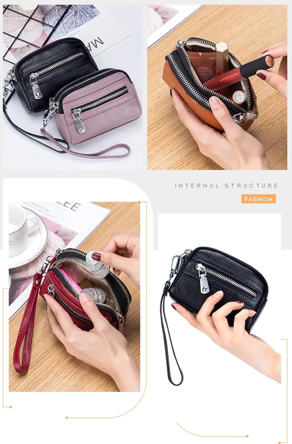Genuine Leather Mini Wristlet Wallet for Women, 3 Zipped Coin Purse Small Pouch with Wristlet Strap (Lavender)